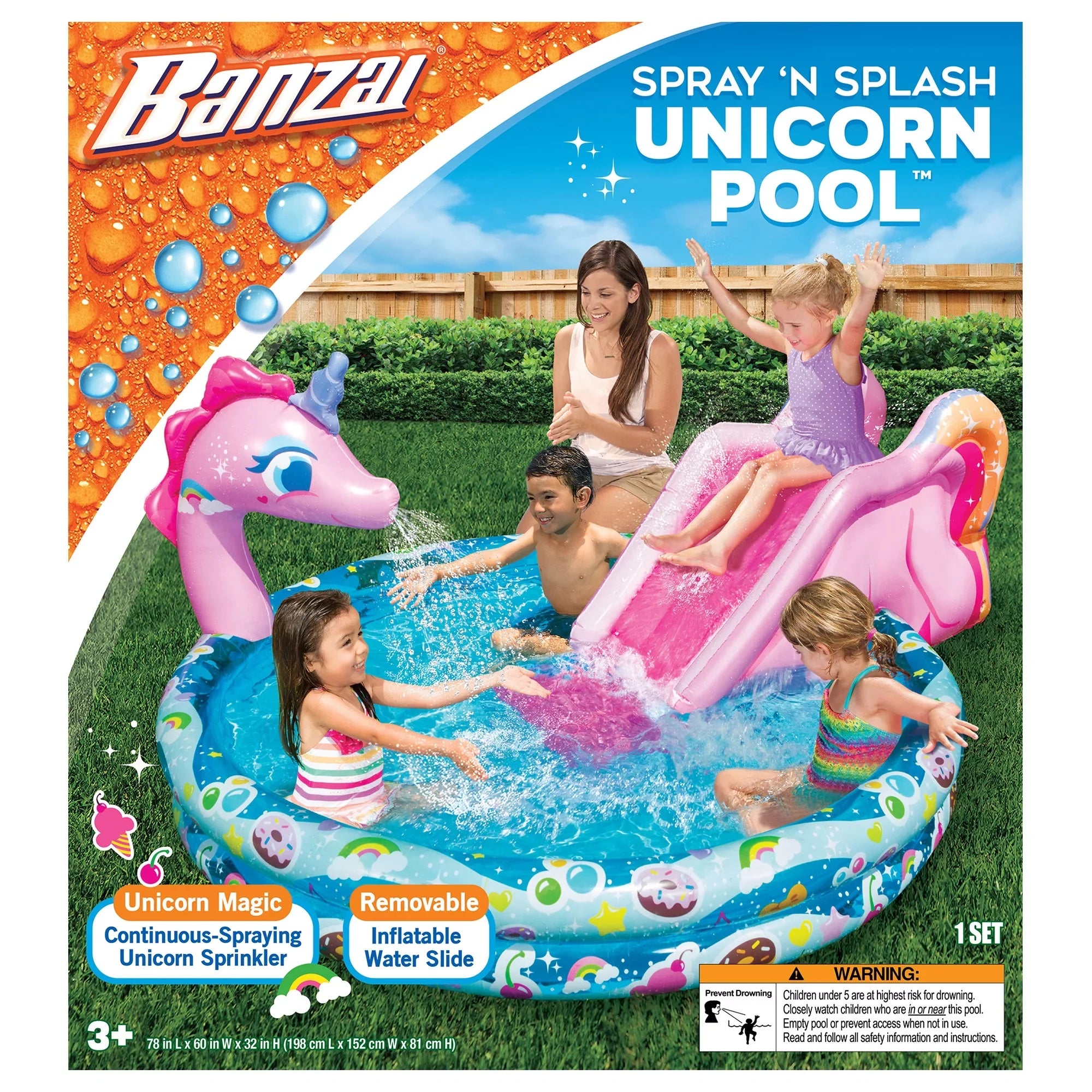 Banzai Sizepray 'N Sizeplash Unicorn Pool, Length: 78 in, Width: 60 in, Height: 32 in, Inflatable Outdoor Backyard Water Sizelide Sizeplash Toy