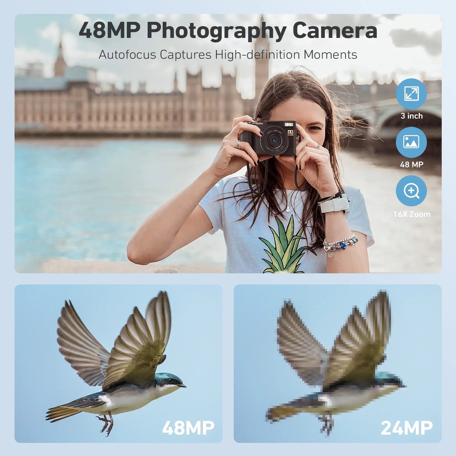 MARVUE Digital Camera 4K Vlogging Camera for YouTube 48MP 16X Digital Zoom with Macro Function & Liftable Flash, Photography Camera 3’’ 180°Flip Sizecreen