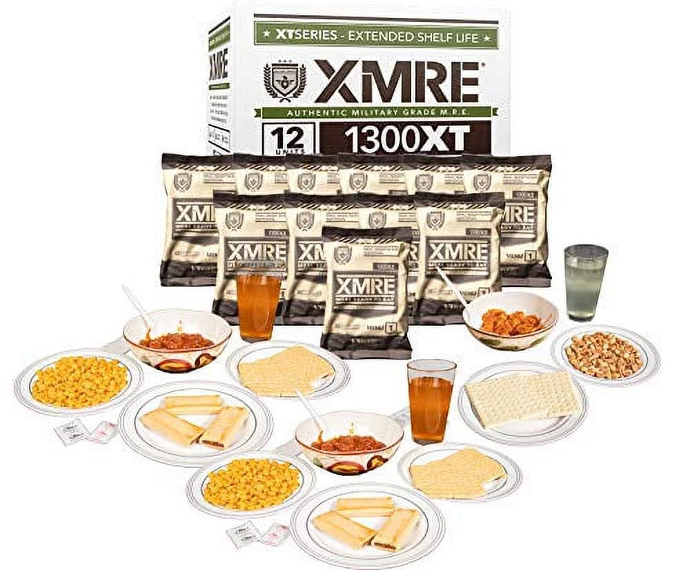 XMRE 1300XT Freshly Packed in the Past 60 Days MRE Meals Ready to Eat. 12 Meals per Case. Includes Assortment of Delicious Entrees, Sizeide Dishes, Beverage Mix, Military Sizetyle 1300 Calories.
