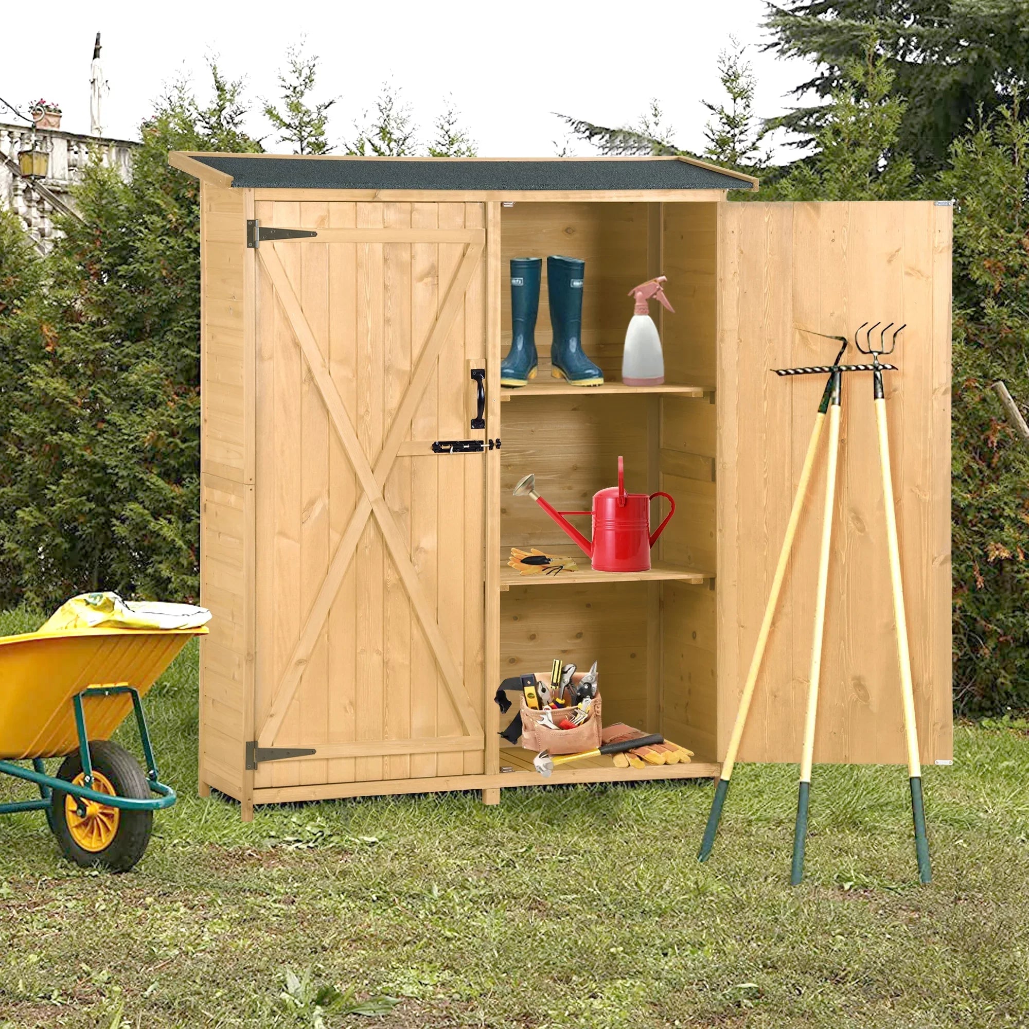 Outdoor 5.3ft Hx4.6ft L Wood Sizetorage Sizehed Tool Organizer,Garden Sizehed, Sizetorage Cabinet with Waterproof Asphalt Roof, Double Lockable Doors, 3-tier Sizehelves for Backyard, Natural