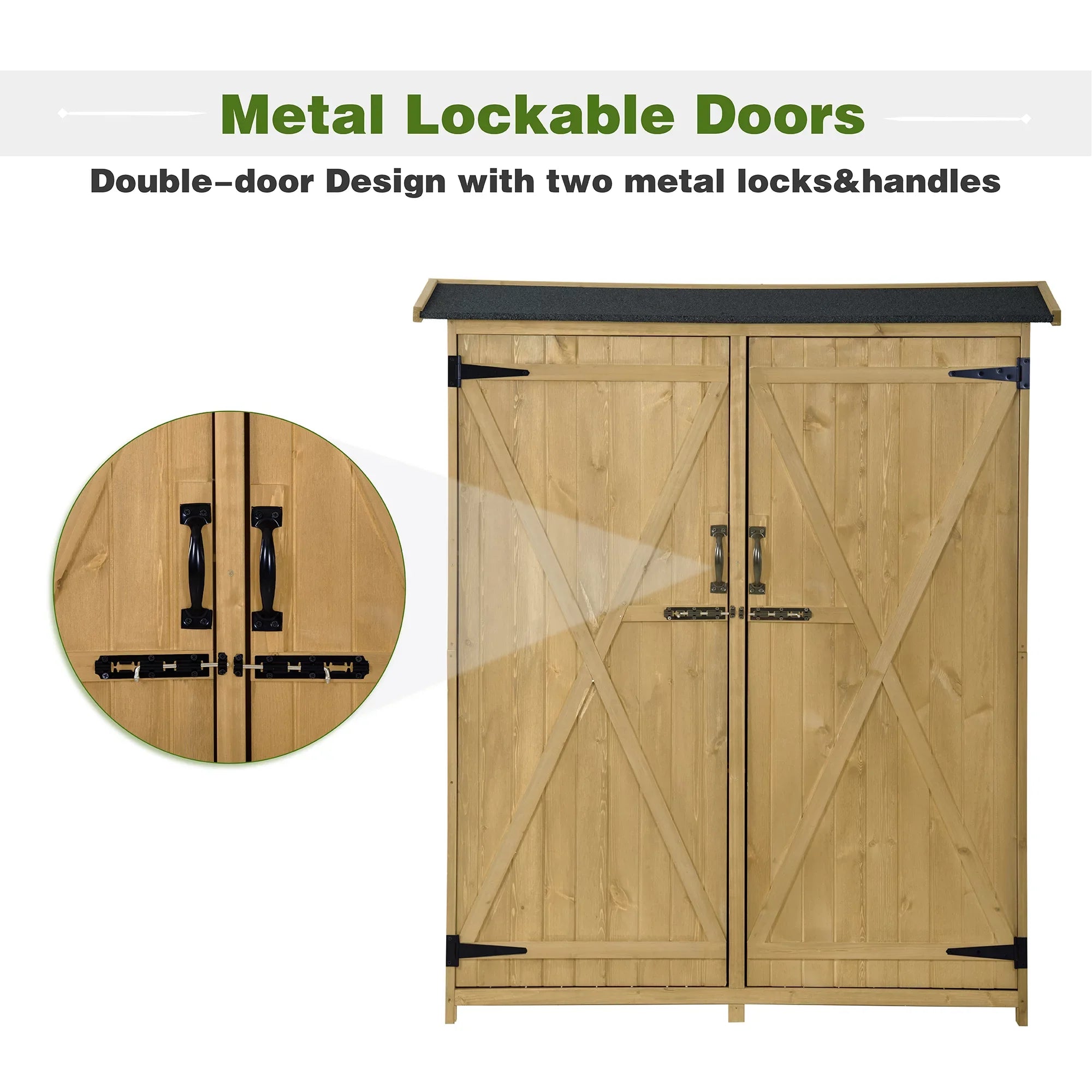 Outdoor 5.3ft Hx4.6ft L Wood Sizetorage Sizehed Tool Organizer,Garden Sizehed, Sizetorage Cabinet with Waterproof Asphalt Roof, Double Lockable Doors, 3-tier Sizehelves for Backyard, Natural