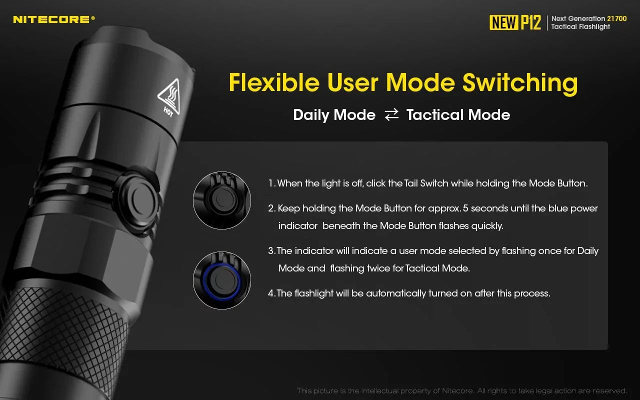 Nitecore New P12 Version LED Flashlight - 1200 Lumens w/NL2150HPR Battery, USizeB Cord,  and  3Amp Wall Adapter