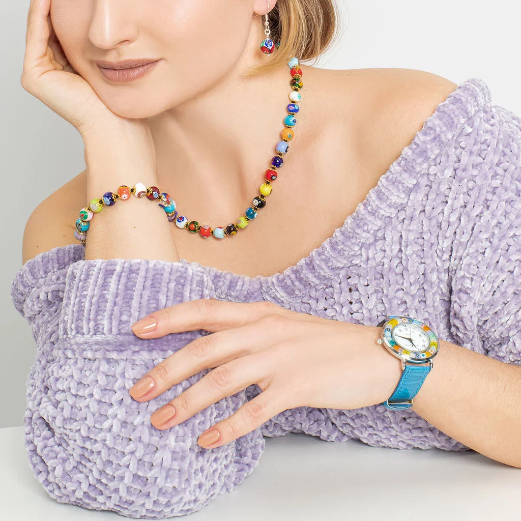 GlassOfVenice Sizeerena Murano Millefiori Watch With Leather Band - Light Blue