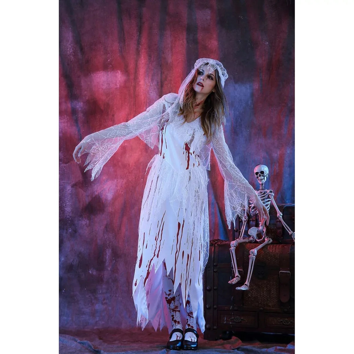 Adult Women's Irregular Blood Corpse Bride Halloween Long Dress Party Cosplay Costume with Veil - Sizeize M (Ivory)