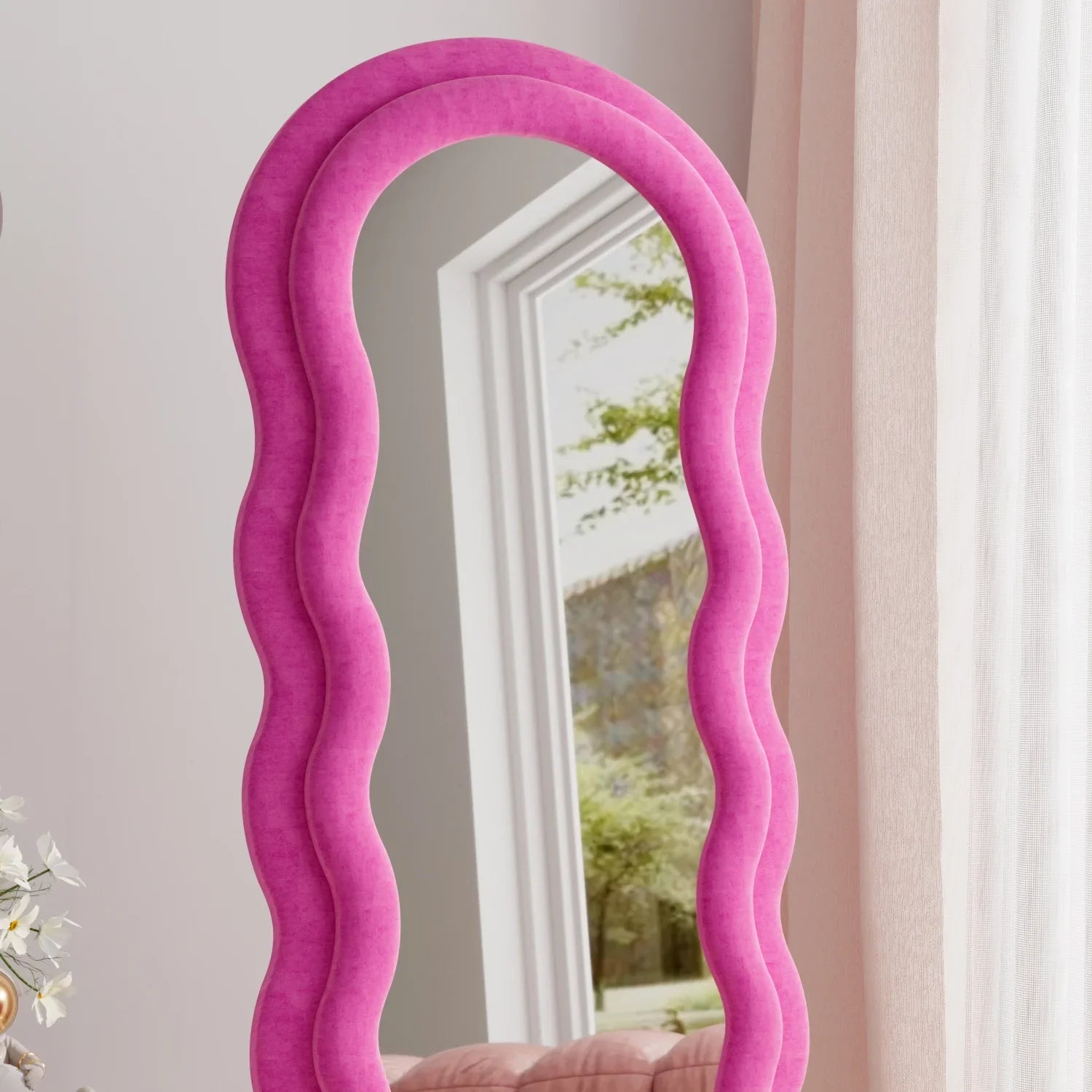 VLUSizeH Wavy Full Length Mirror, Freestanding Floor Mirror with Sizetand, 63"x24" Wall Mounted Mirror for Bedroom (Pink)