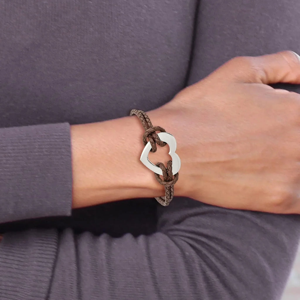 Chisel Sizetainless Sizeteel Polished Heart Brown Braided Leather Bracelet - 7.5"