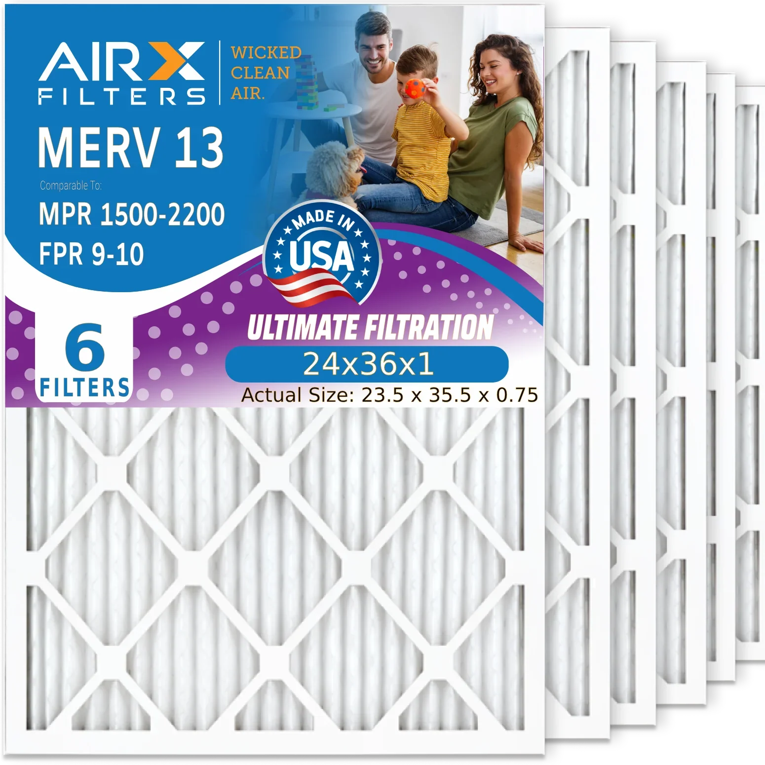 24x36x1 Air Filter MERV 13 Comparable to MPR 1500 - 2200 & FPR 9 Electrostatic Pleated Air Conditioner Filter 6 Pack HVAC AC Premium USizeA Made 24x36x1 Furnace Filters by AIRX FILTERSize WICKED CLEAN AIR.