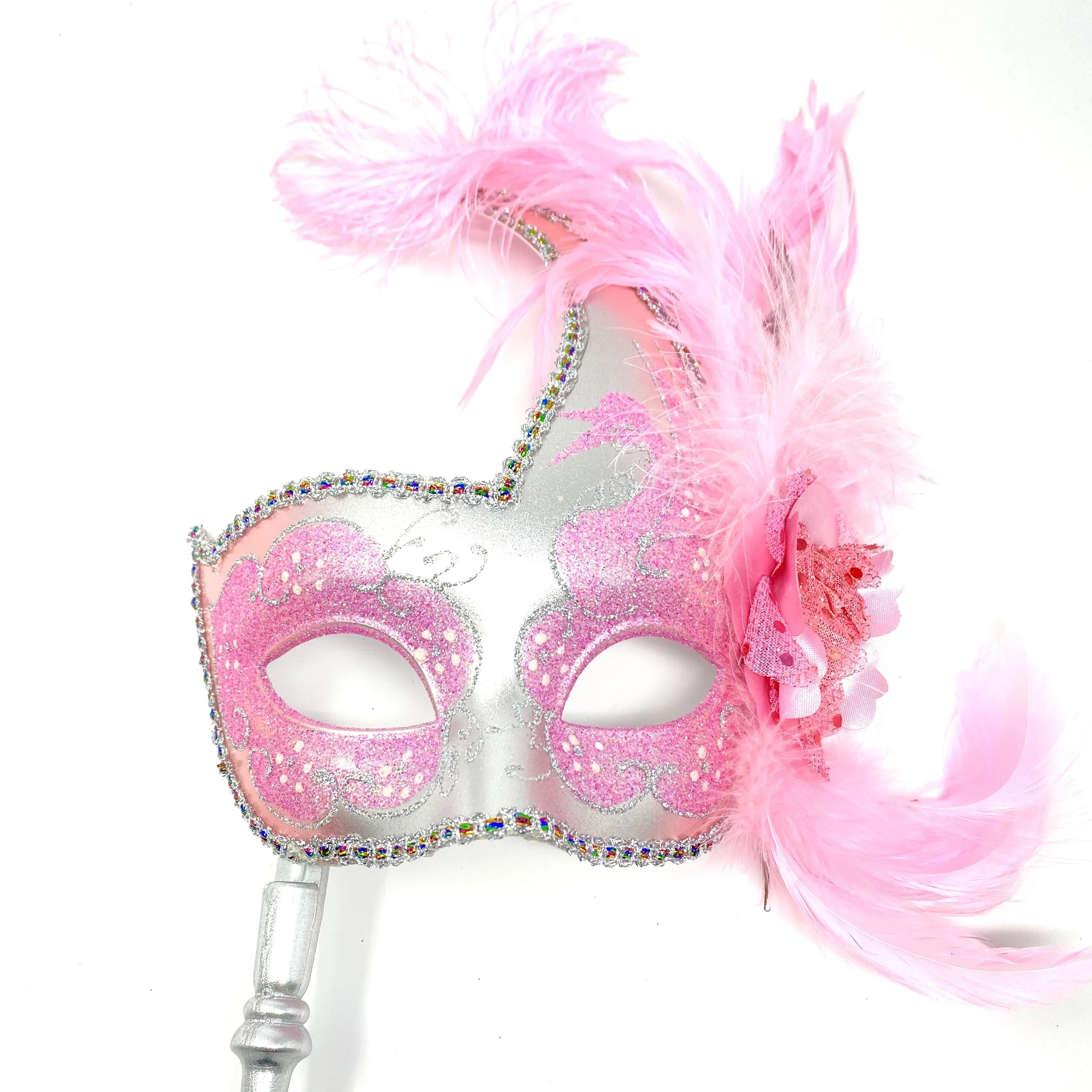 Women Lady Girls Costume Holding Sizetick Venetian Feather mask Masquerade Mask Halloween Mardi Gras Cosplay Wedding Party