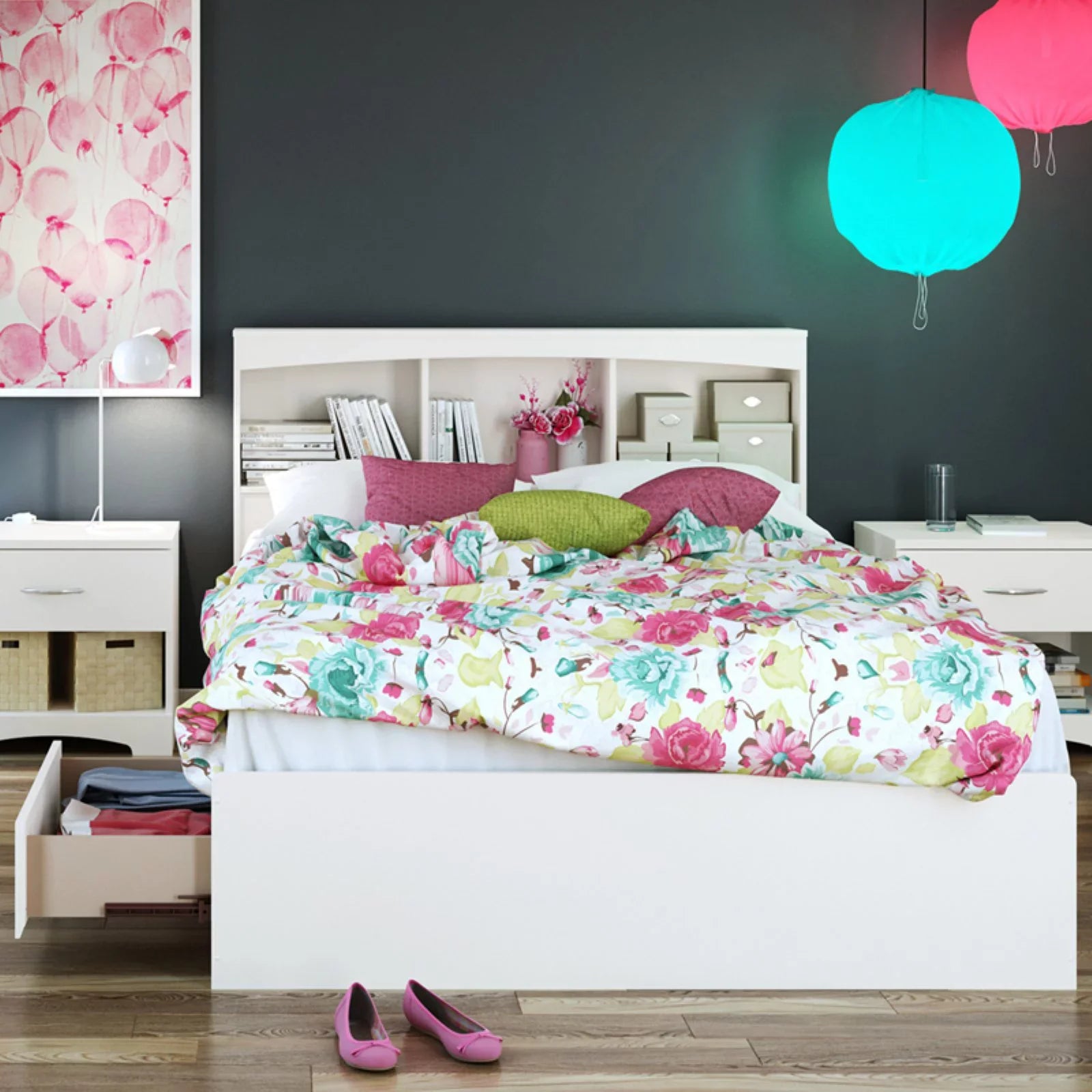 Full Mates Bed with Bookcase Headboard in Pure Ivory