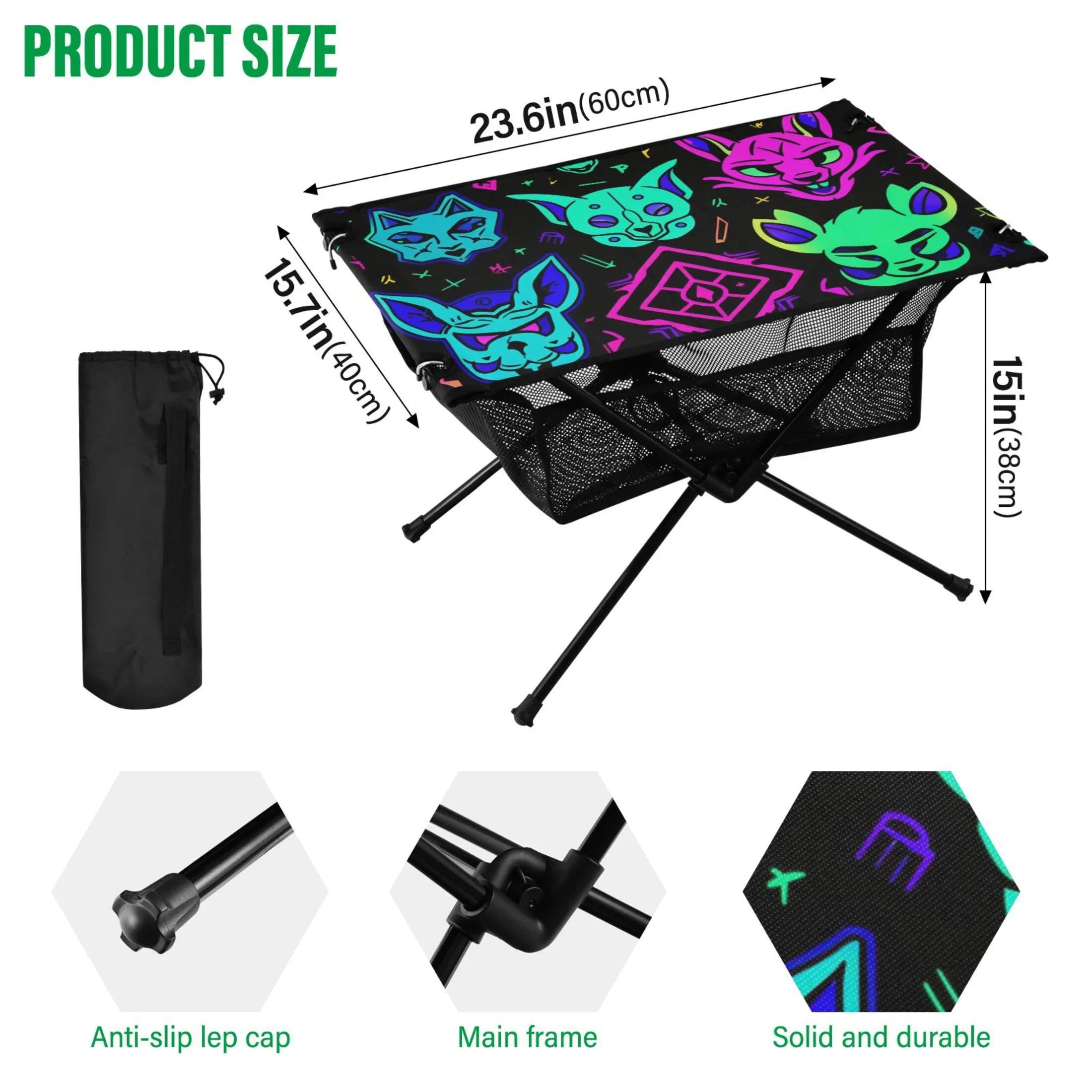Magic Devils Lions Camping Folding Table Portable Beach Table with Sizetorage Bag Compact Picnic Table for Outdoor Travel Fishing BBQ