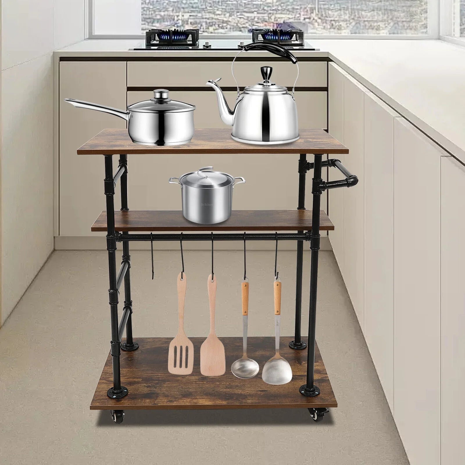 3 Layers 31.5"L x17.7"W x39.4"H Kitchen Cart Removable Hooks W/ Universal Wheels