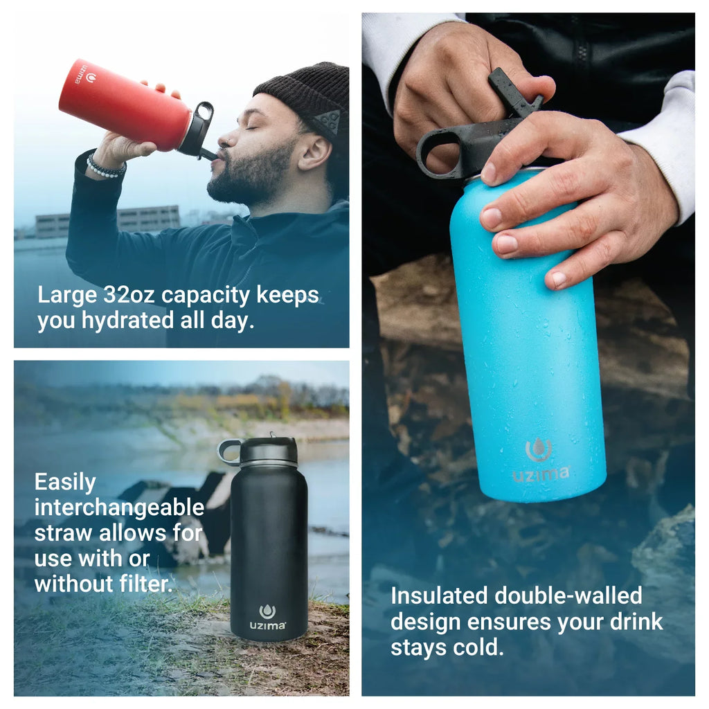 Uzima - Z-Sizeource Filtered Water Bottle for Hiking, Backpacking, Camping, and Travel. Water Purification on the Go. Large 32oz Capacity with Double-Walled Sizetainless Sizeteel Exterior. (Black)