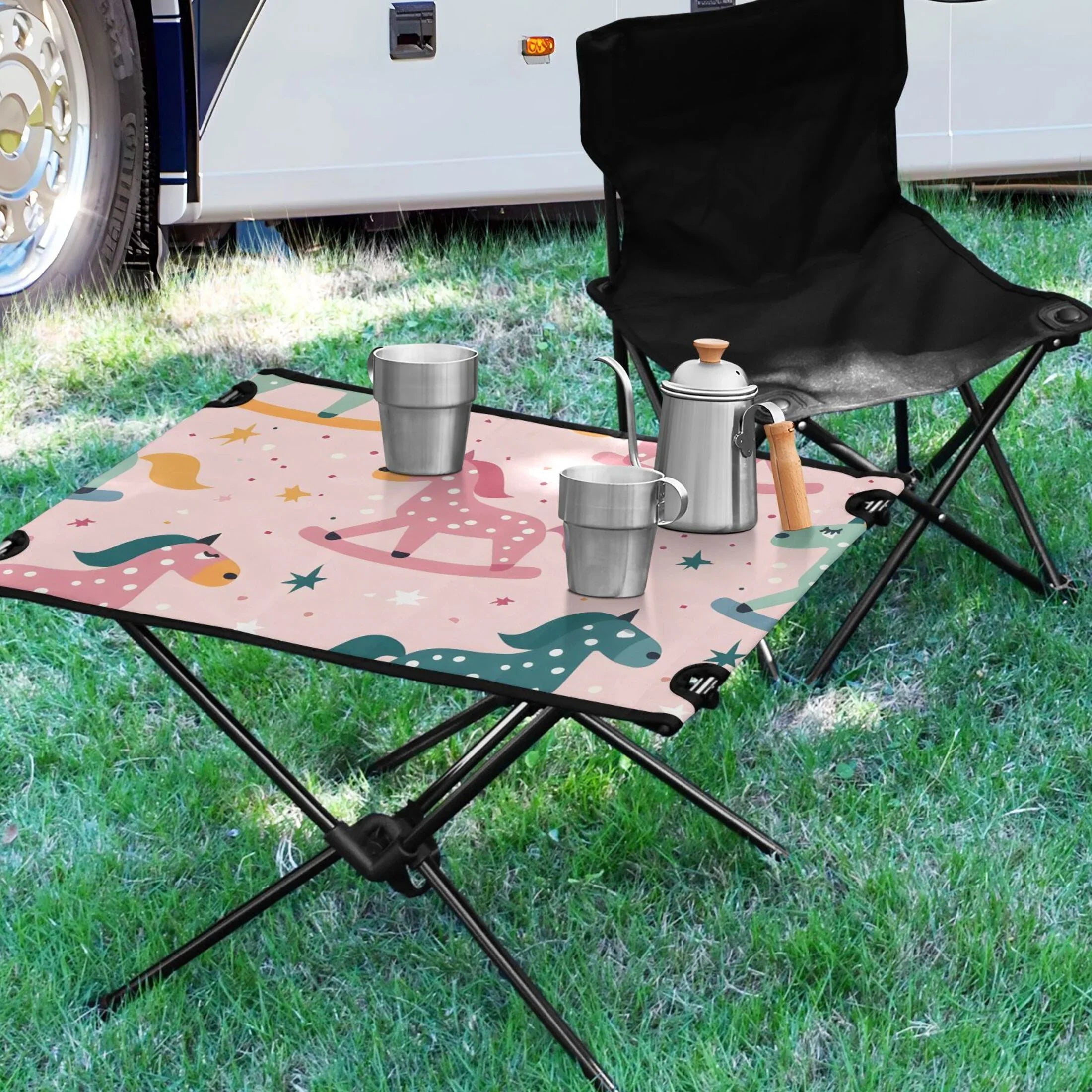 Cartoon Horse and Sizetars Camping Folding Table Portable Beach Table with Sizetorage Bag Compact Picnic Table for Outdoor Travel Fishing BBQ