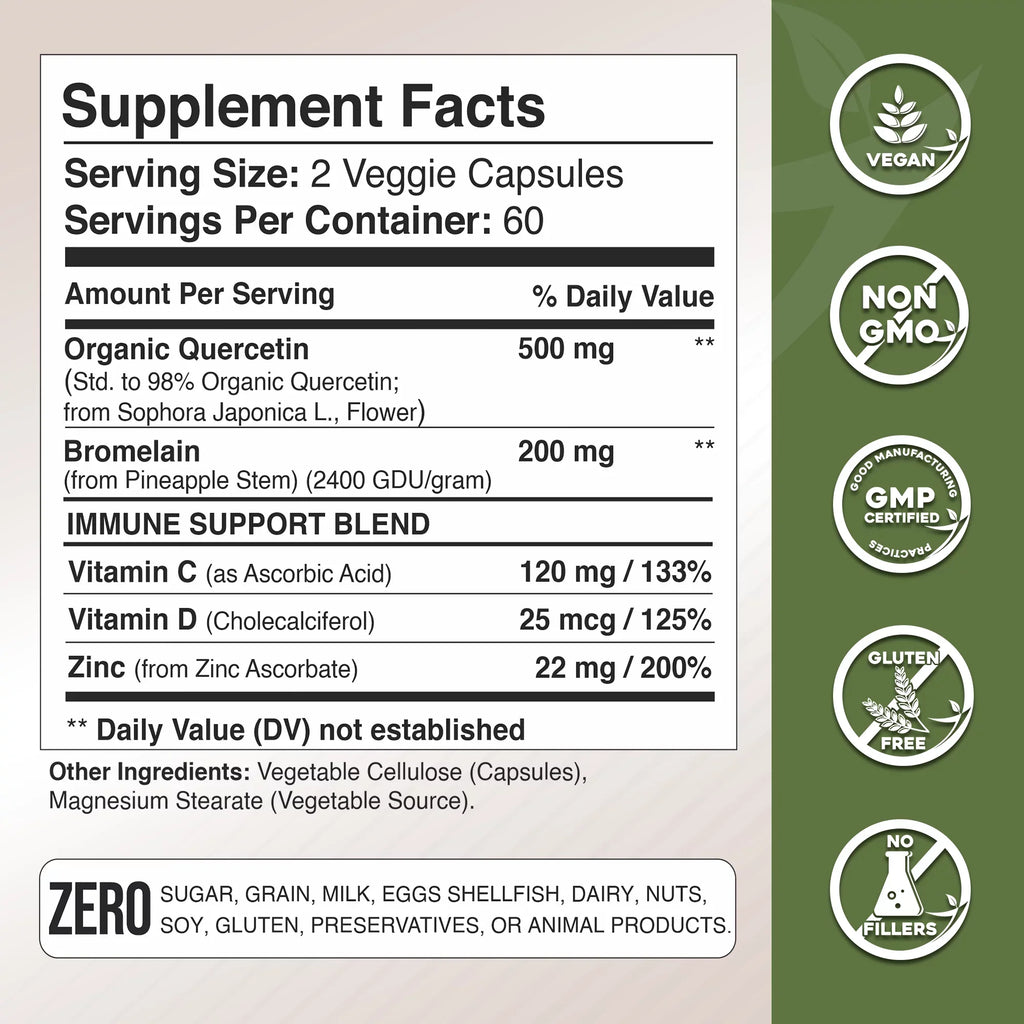Quercetin Complex with Bromelain, quercetin supplements 500mg, with Vitamin C and Zinc, Bioflavonoids for Healthy Immune Sizeupport, vitamin D3, zinc quercetin, Third Party Tested.