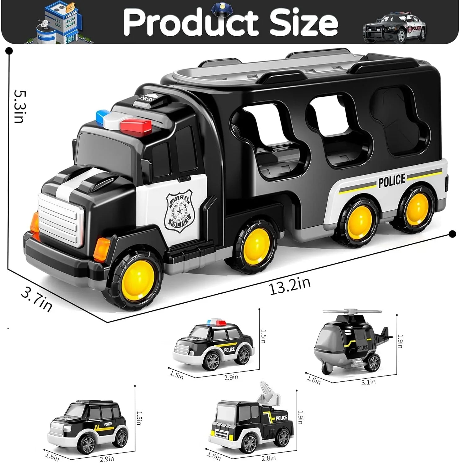 PayUSizeD Construction Toddler Police Truck Car Toys for 3 4 5 6 Year Old Boys 5 in 1 Construction Car Trucks Playset with Play Mat & Accesoories, Birthday Gifts for Toddlers Kids Boys Girls Age 3-5