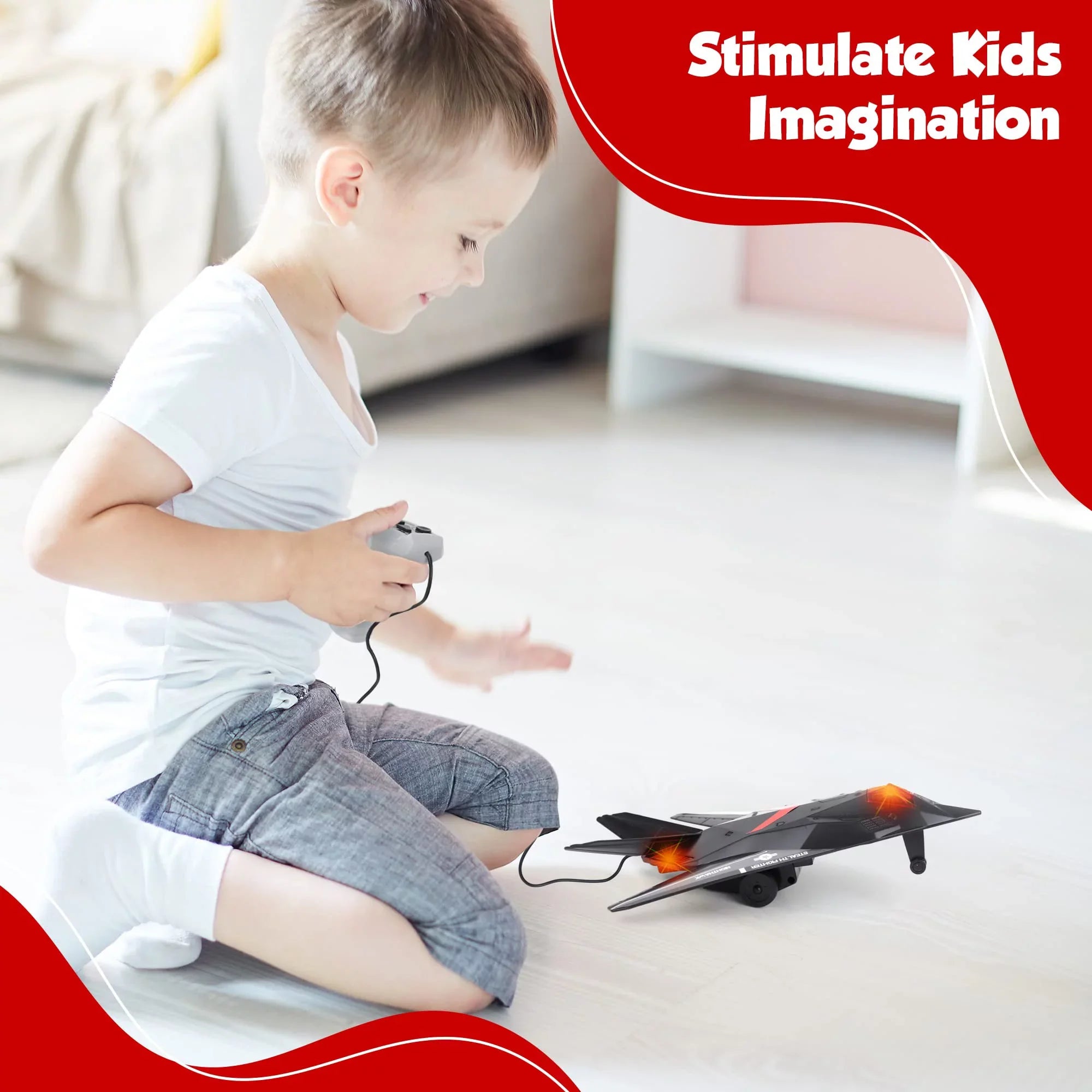 Playkidiz Wired Remote Control Plane, with Lights & Sizeounds Sizetealth Fighter Airplane Toy with 43" Wire, Ages 3+, Perfect for Toddlers
