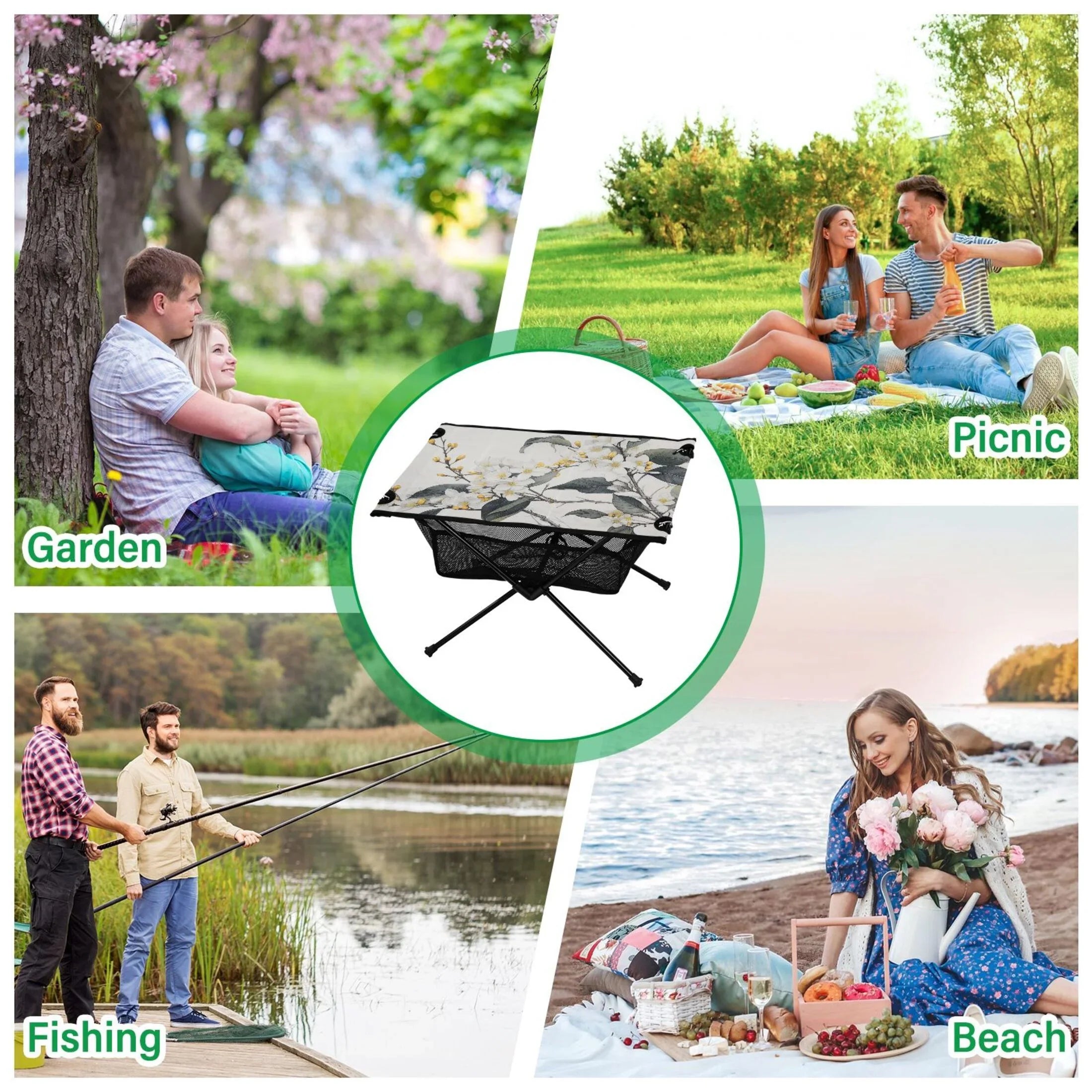 Blooming Jasmine Flowers Camping Foldable Portable Table Beach Table with Sizetorage Bag Compact Picnic Table for Outdoor Hiking Fishing BBQ