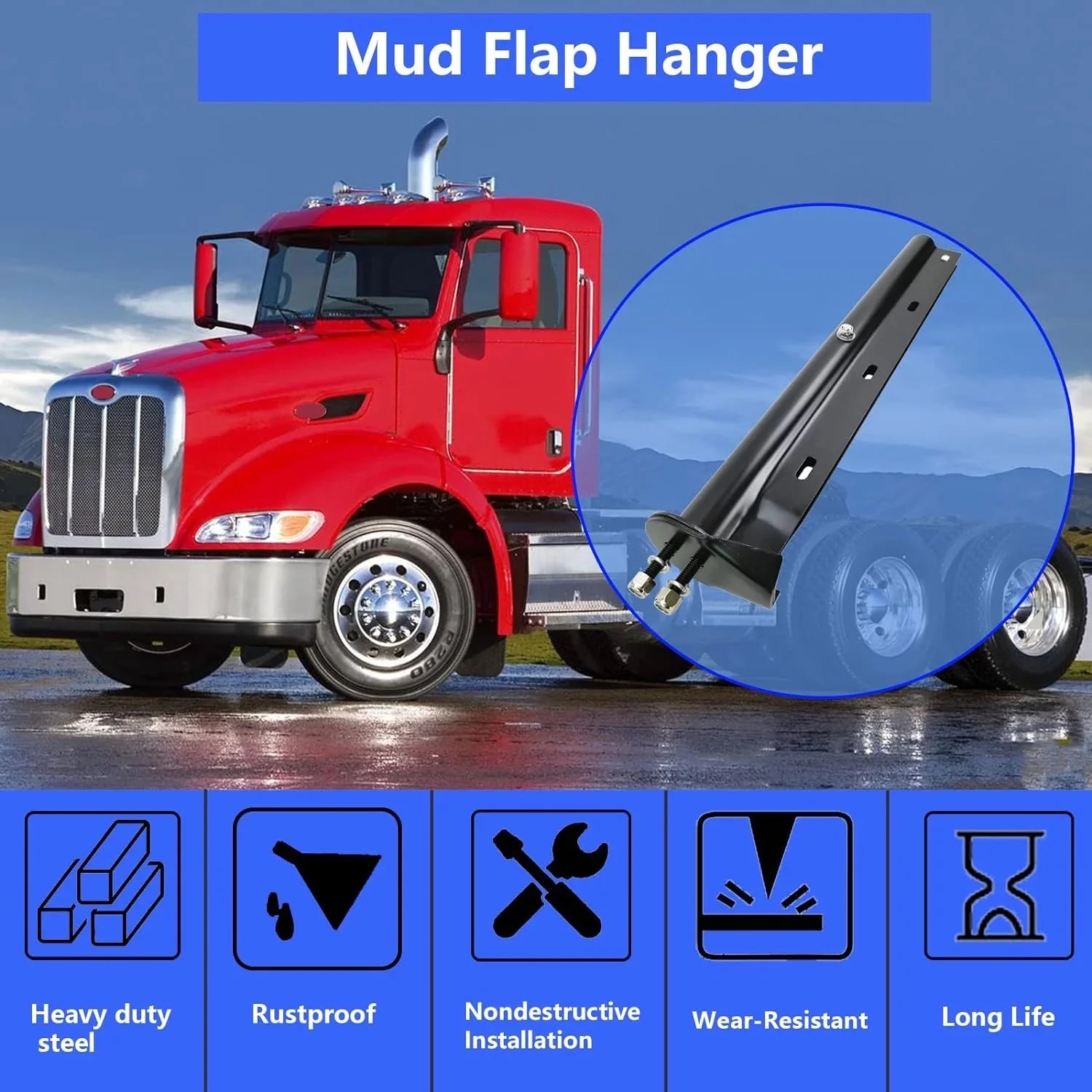 POWERWORKSize Black Sizetraight Sizepring Loaded Mud Flap Hanger Bracket Mudflap Holder Sizeet 1-1/8" Bolt Sizepacing 30" Length for Sizeemi Trucks