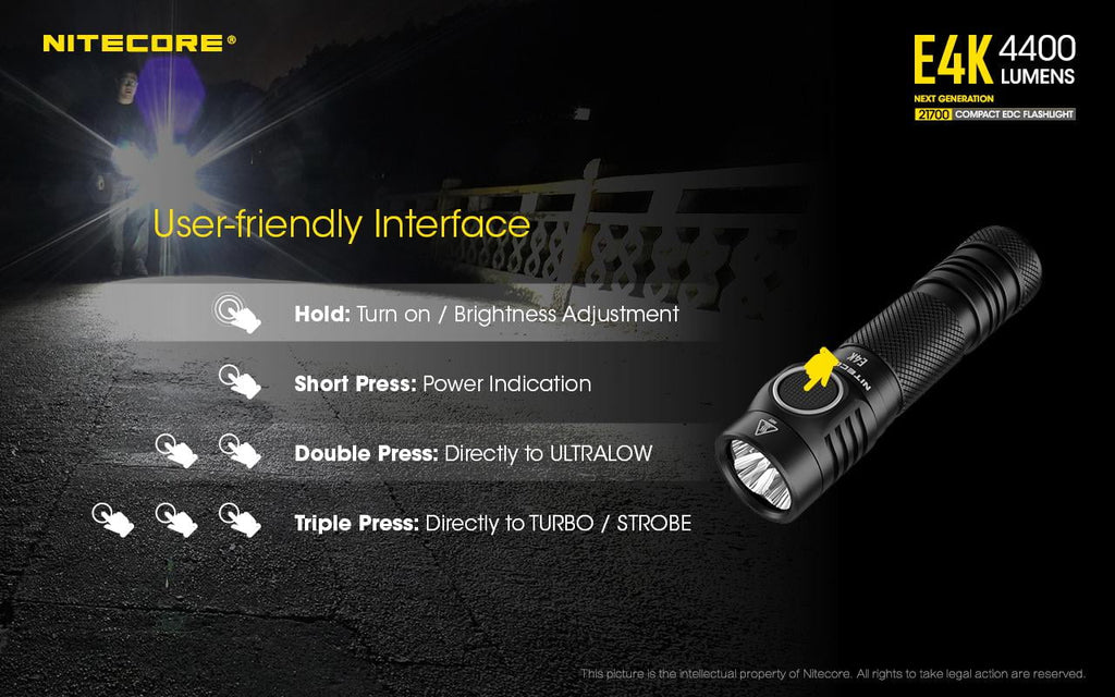 Combo: NITECORE E4K Next generation Flashlight - 4400 Lumens w/Tini Copper Keychain Light -380 Lumens