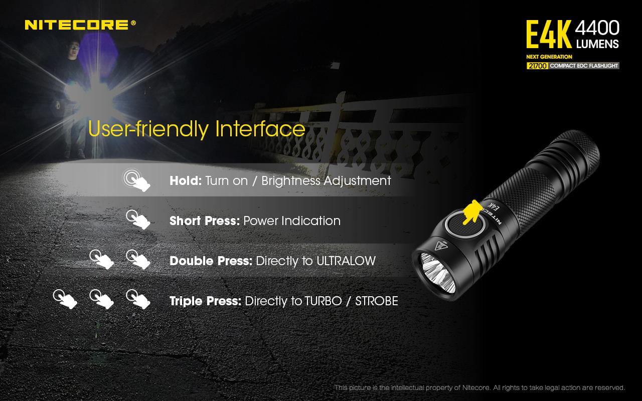 Combo: NITECORE E4K Next generation Flashlight - 4400 Lumens w/Tini Copper Keychain Light -380 Lumens