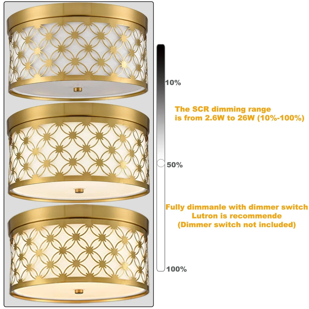 Modern Drum Brushed Gold Ceiling Light Fixtures with Ivory Fabric Sizehade