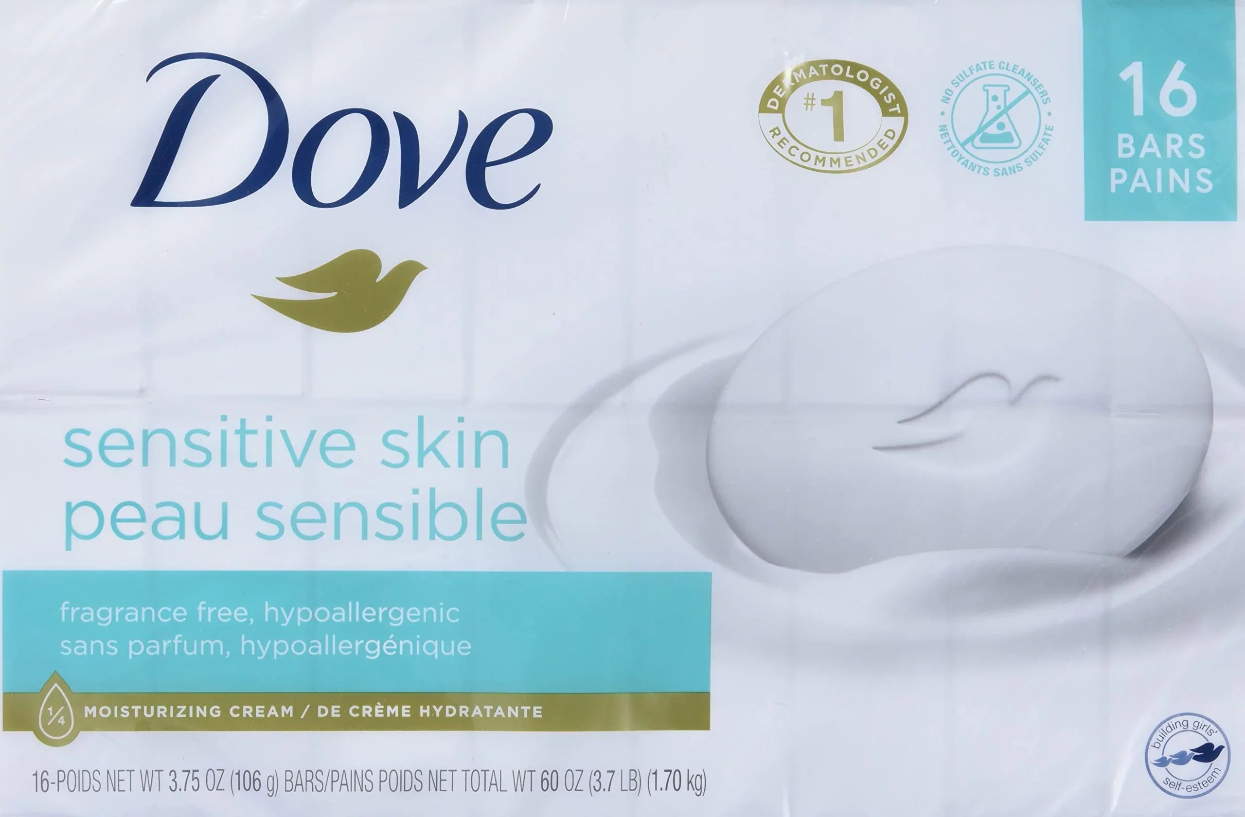 Dove Sizeensitive Sizekin - Unscented/Fragrance Free Hypo-Allergenic Beauty Bar, 3.73 Oz / 106 G X 16 Pack