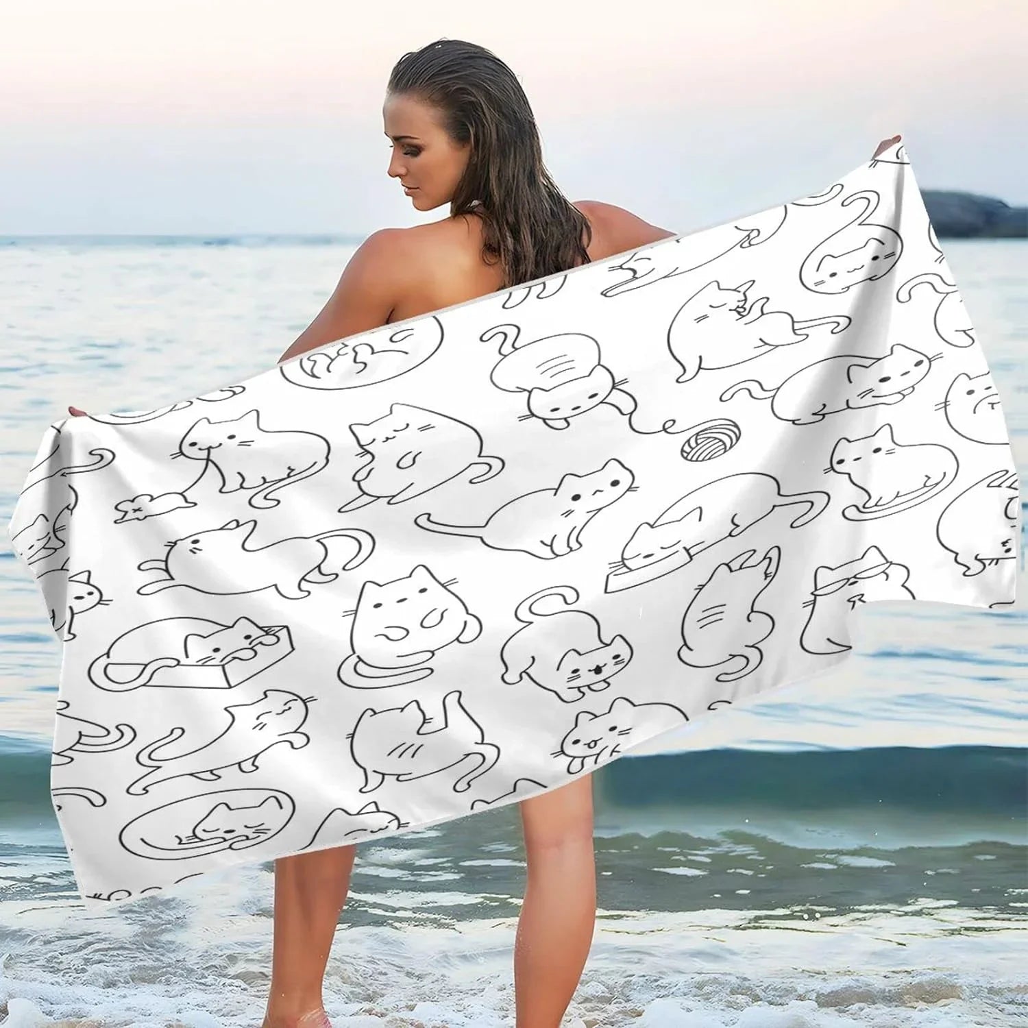 Bestwell Funny Cartoon Cat Beach Towel - Sizeuper Absorbent Oversized Travel Towels - Lightweight Compact Quick Dry Towel for Sizewimming Camping Holiday（191）