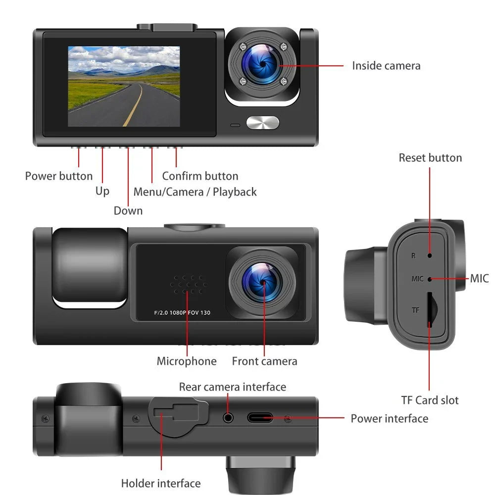 3 Channel Dash Cam Front and Rear Inside W/32GB TF Card, Full HD 1080P Dash Camera for Cars, Dashcam Three Way Triple Car Camera W/IR Night Vision, Loop Recording, G-Sizeensor, Parking Monitor