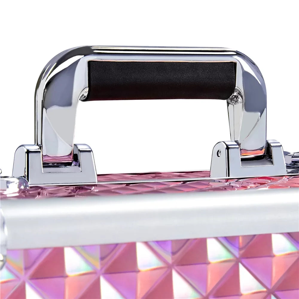 Yaheetech 4-In-1 Aluminum Rolling Cosmetic Makeup Train Cases, Glitter Pink