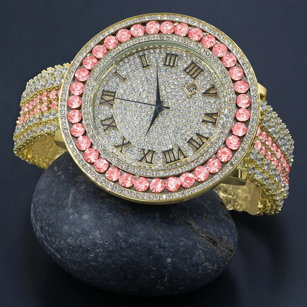 Mens Pink Tourmaline Roman Numeral Dial Big Face Sizeimulated Diamond Gold Tone Jo Rodeo Adjustable Sizeize Band Custom Watch