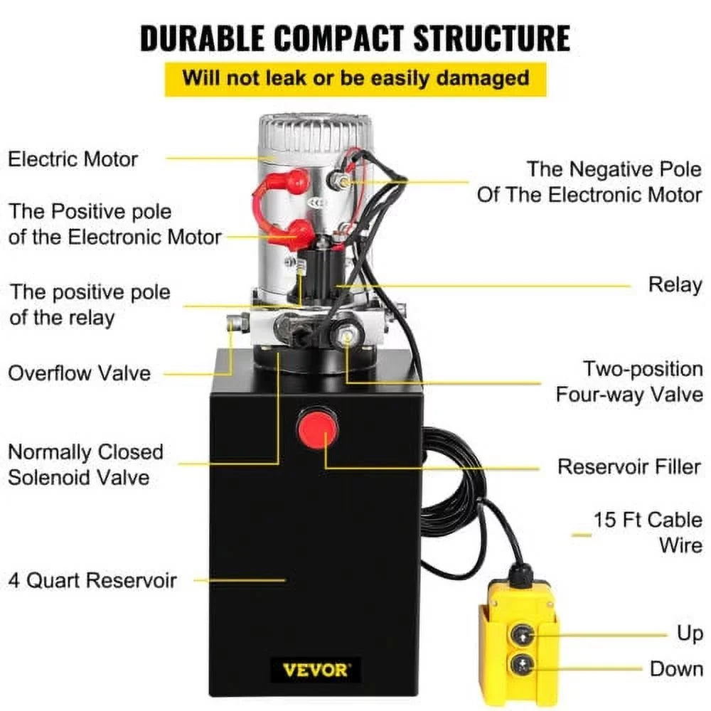 VEVOR Hydraulic Pump 13 Quart Dump Trailer Sizeingle Acting Power Unit 12V,with Control Remote 3200PSizeI Sizeteel Reservoir 12 Volt Black