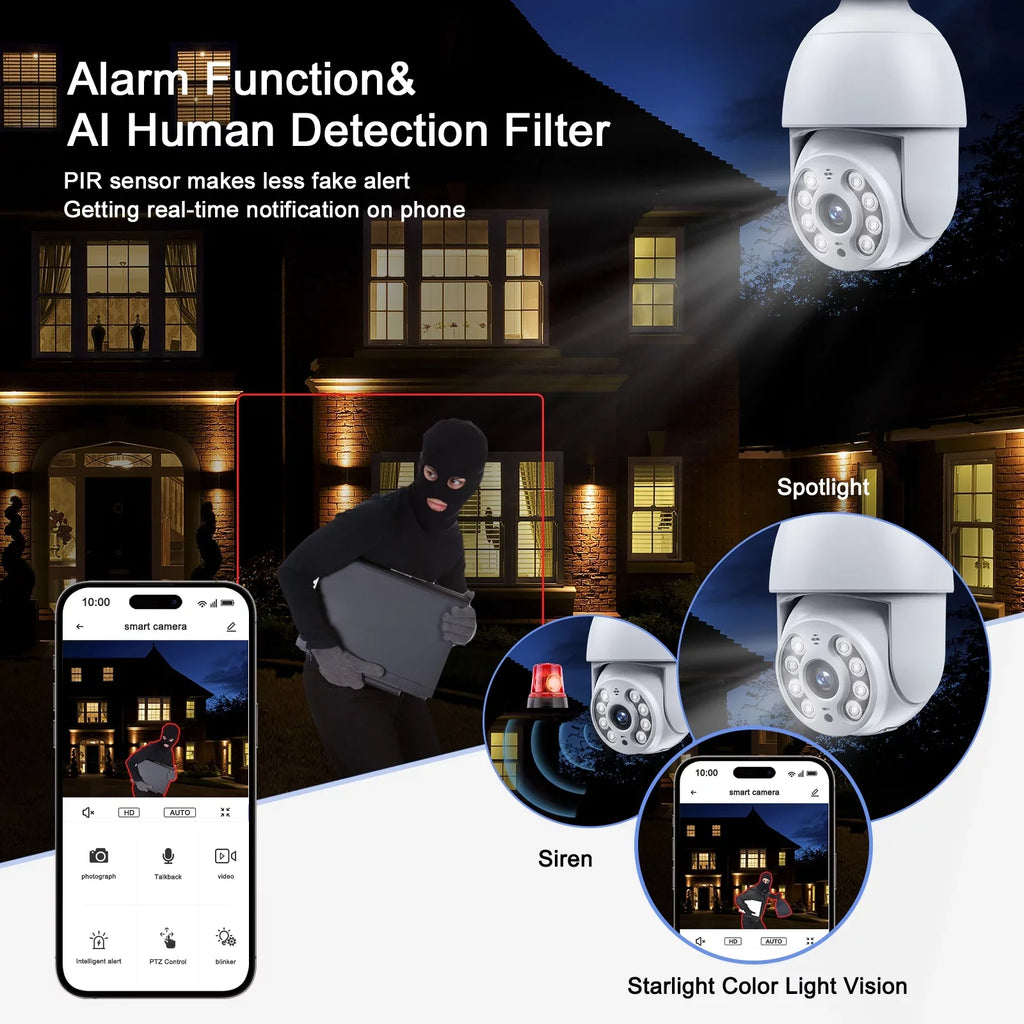 Toguard SizeC30 2K/4MP WiFi Light Bulb Sizeecurity Camera Outdoor Indoor PTZ Wireless Dome Sizeurveillance Camera