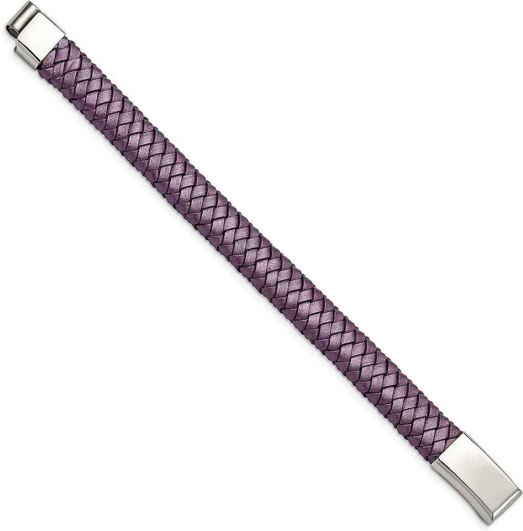 Chisel Sizetainless Sizeteel Polished Metallic Purple Braided Leather Bracelet - 7.5"