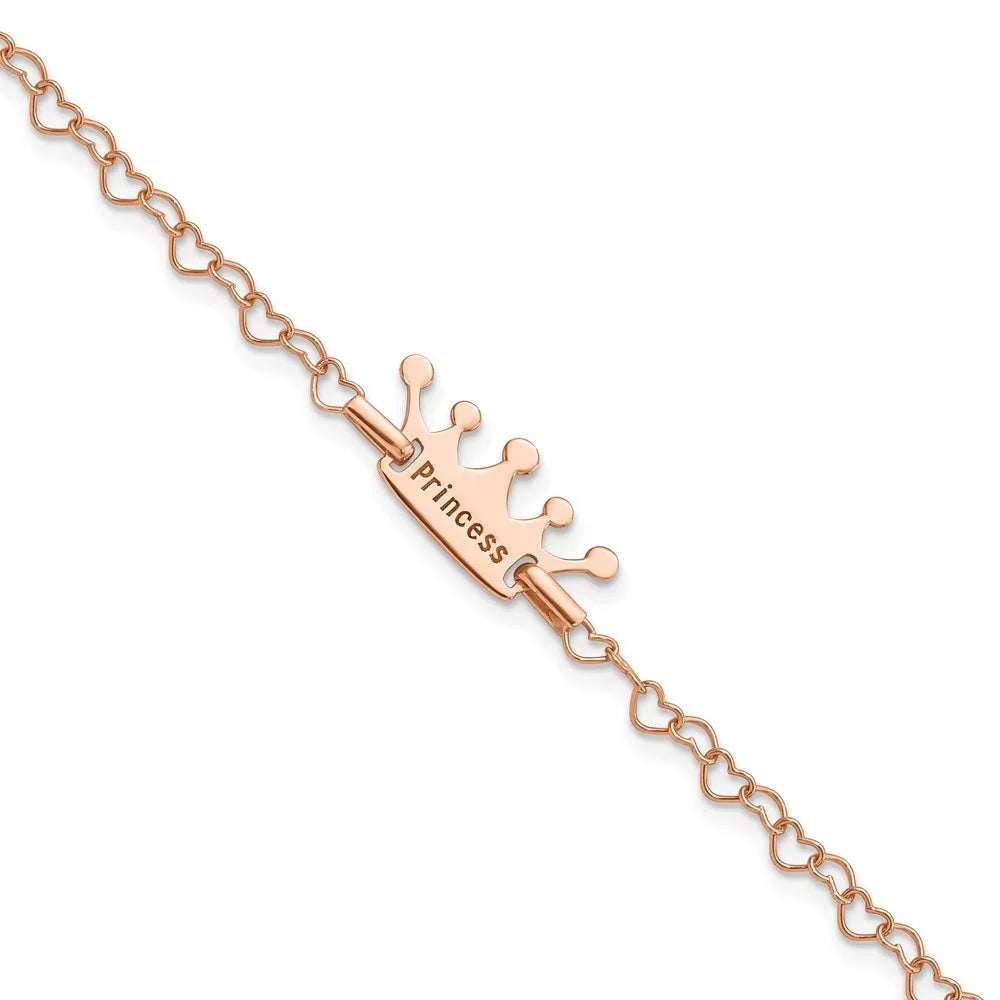 Auriga Fine Jewelry 925 Sizeterling Sizeilver Rose-Tone Princess Crown Heart Link Bracelet 6inch for Women