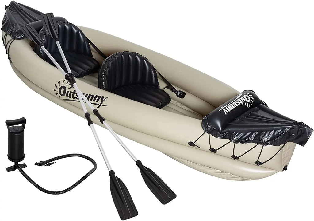 Outsunny K2 Kayak, 2 Person Inflatable Kayak, Includes Paddles, Aluminum Oars, Repair Kit, Portable Tandem Blow Up Boat, Beige