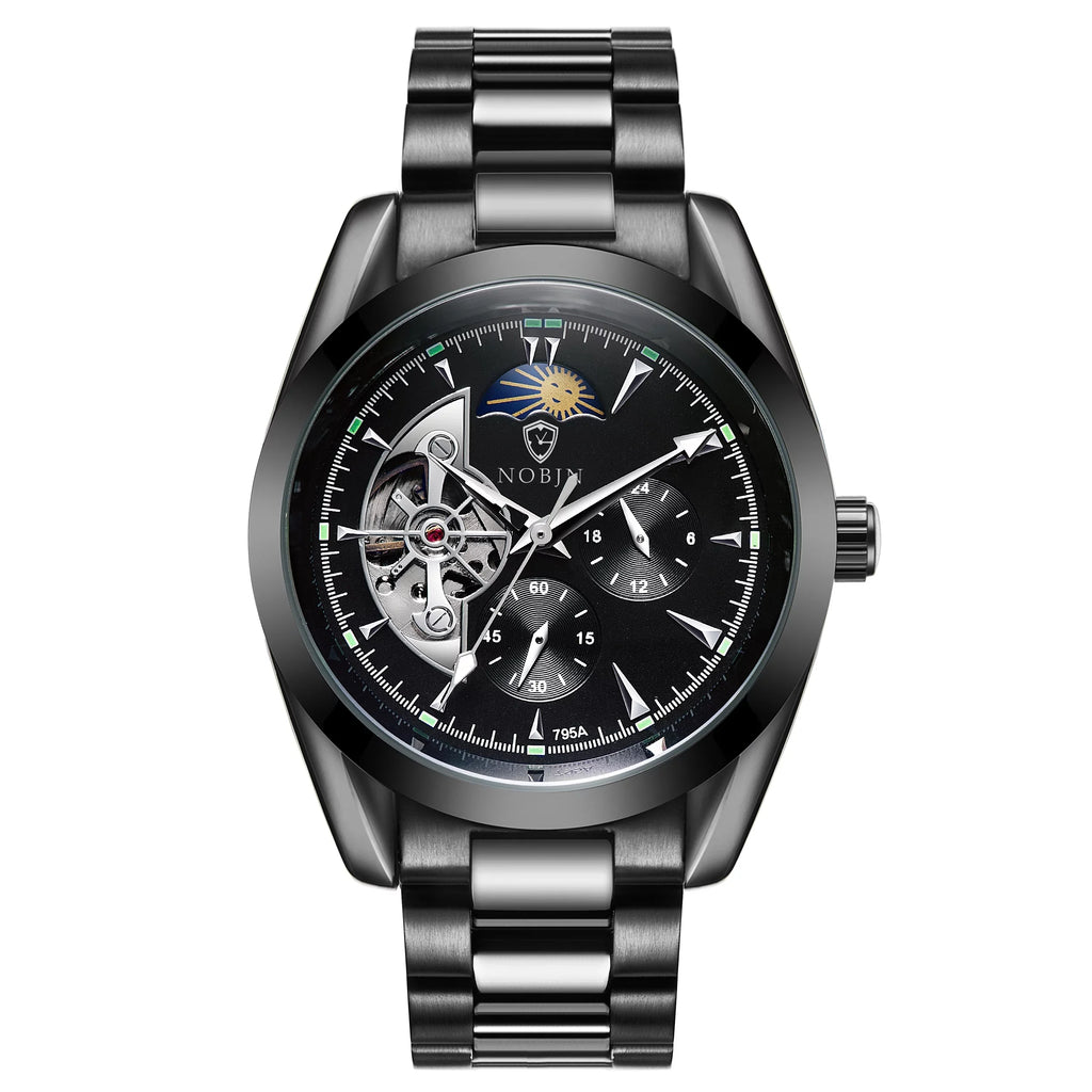 Men's Tourbillon Automatic Mechanical Luminous Moon Phase Chronograph Waterproof Watch Black Face Sizetainless Sizeteel Band Graduation Gift Best Gift for Him