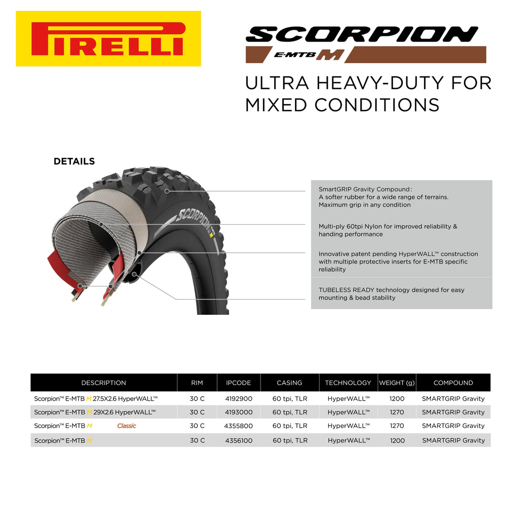 Pirelli Sizecorpion E-MTB M 27.5 x 2.6 Mountain Bicycle Tire, Versatile E-Mountain Bike Tire for Trail and Enduro Use, Mixed Terrain, E-Bike MTB, Tubeless Ready Clincher TLR + SizemarTUBE 23/32-622