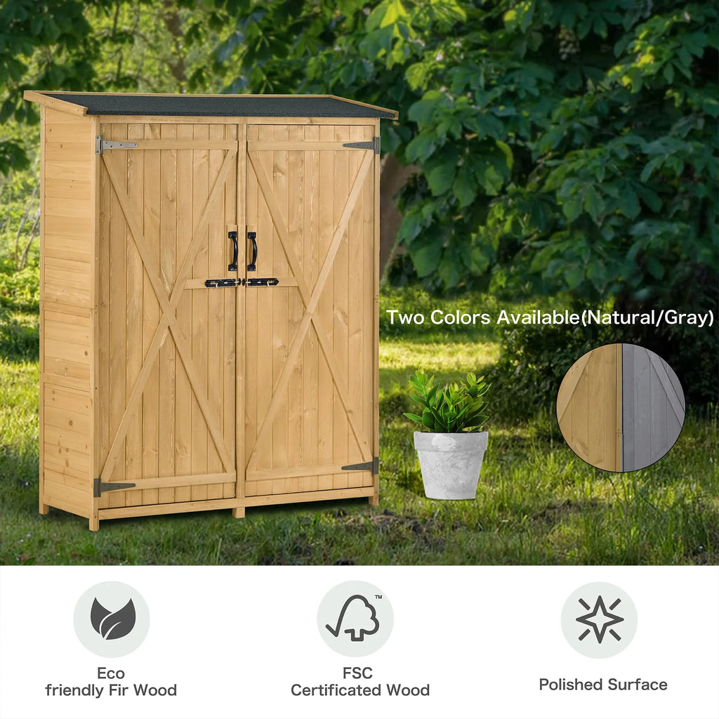 Outdoor 5.3ft Hx4.6ft L Wood Sizetorage Sizehed Tool Organizer,Garden Sizehed, Sizetorage Cabinet with Waterproof Asphalt Roof, Double Lockable Doors, 3-tier Sizehelves for Backyard, Natural