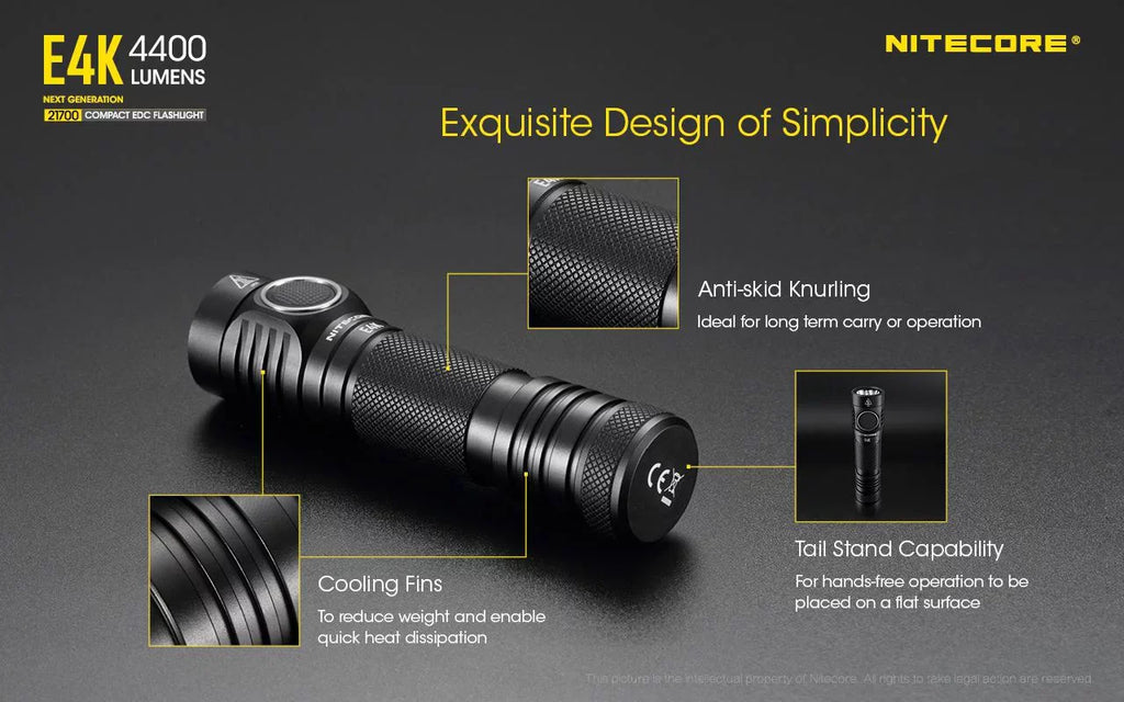 Combo: NITECORE E4K Next generation Flashlight - 4400 Lumens w/Tini Copper Keychain Light -380 Lumens