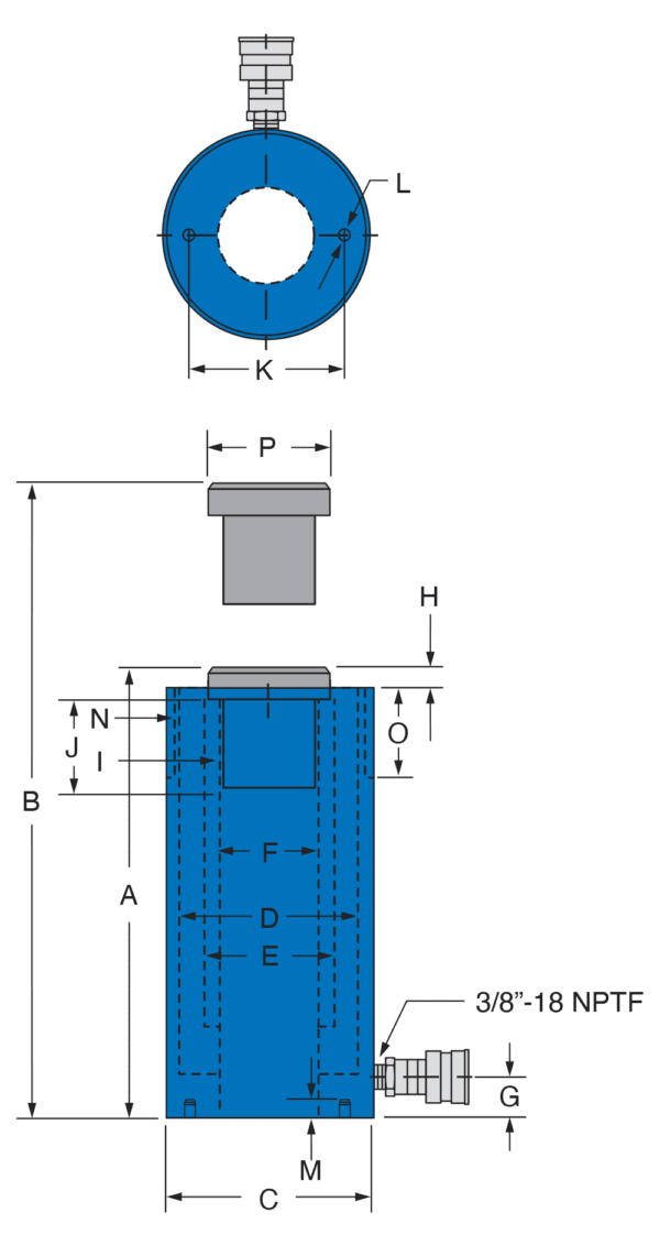 Freedom Hydraulics 30 Ton Sizeingle Acting Hollow Hole Cylinder, 6.00" Sizetroke - SizeHSize306