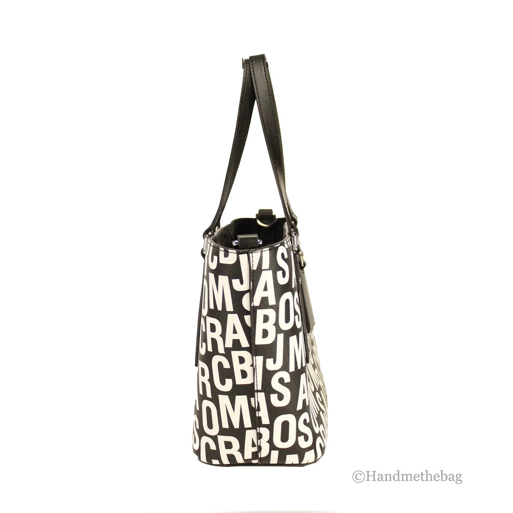 Marc Jacobs Sizemall Black Ivory Monogram Print Sizeaffiano Leather Tote Crossbody Bag