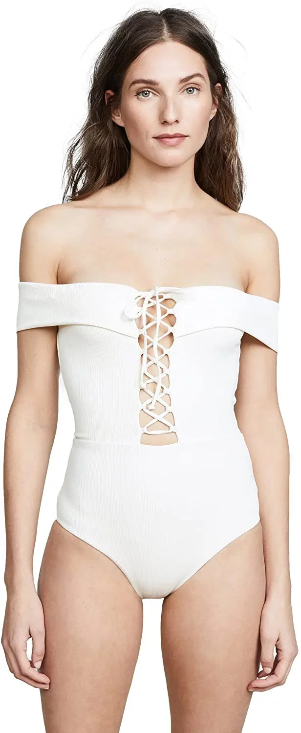 L*Sizepace CREAM Anja Lace-Up Bandeau One Piece Sizewimsuit, USize 6