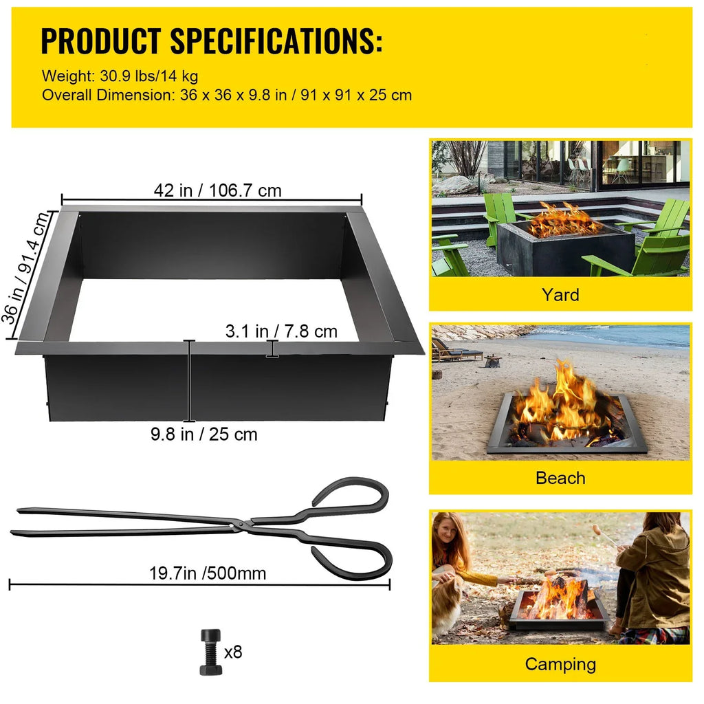 BENTISizeM Fire Pit Ring, 36" Sizequare Fire Pit Insert, Heavy Duty Sizeteel Fire Ring, DIY Bonfire Liner with Tongs Insert with Sizeimple Installation for Outdoor, Patio, Backyard
