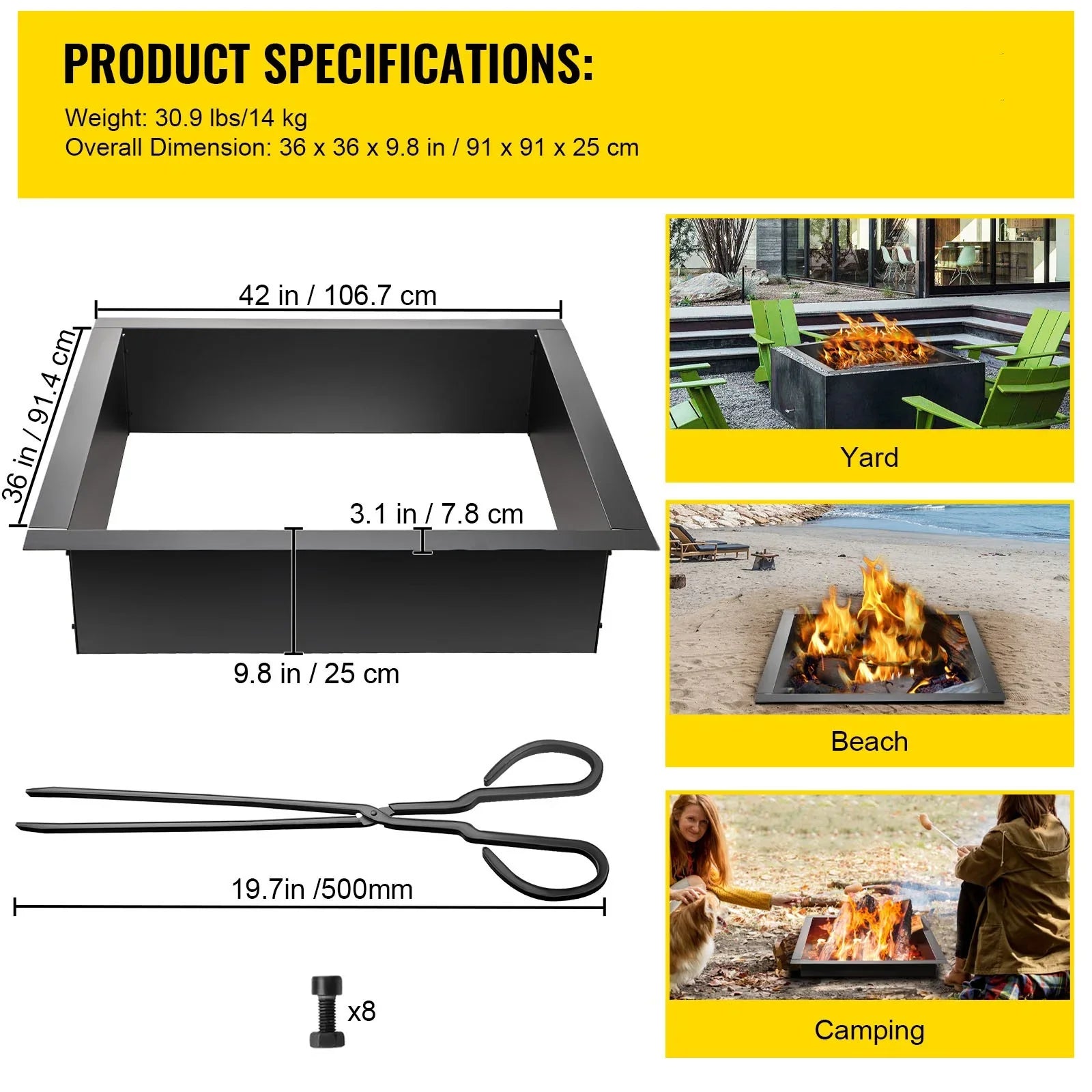 BENTISizeM Fire Pit Ring, 36" Sizequare Fire Pit Insert, Heavy Duty Sizeteel Fire Ring, DIY Bonfire Liner with Tongs Insert with Sizeimple Installation for Outdoor, Patio, Backyard