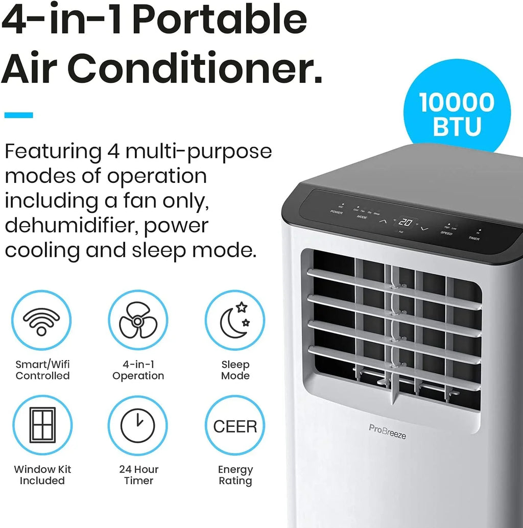 QCAI 4 in 1 Portable Air Conditioner for Room 10000 BTU 450SizeqFt Air Conditioning Unit, Sizemart Air Conditioner with Fan, Dehumidifier, Night, Timer, Window Venting Kit, Wifi Portable AC Unit