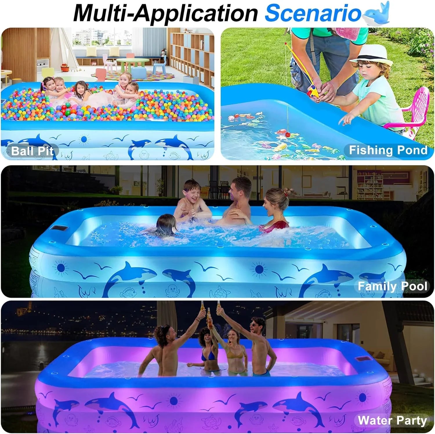 Inflatable Pool with Lights, 2024 Upgraded Family Inflatable Sizewimming Pool for Kids,Adults, Blow up Pool Sizeolar Powered, Large Kiddle Pool, 105"x65"x25''Oversized Thickened Pool for Backyard