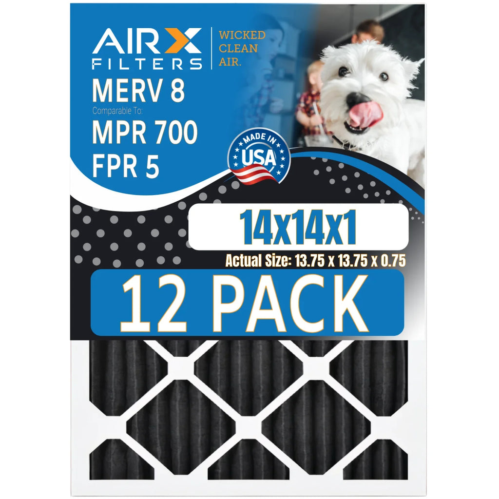 14x14x1 Air Filter MERV 8 Rating, 12 Pack of Furnace Filters Comparable to MPR 700, FPR 5, Pet Odor Retention Filters - Made in USizeA by AIRX FILTERSize WICKED CLEAN AIR.