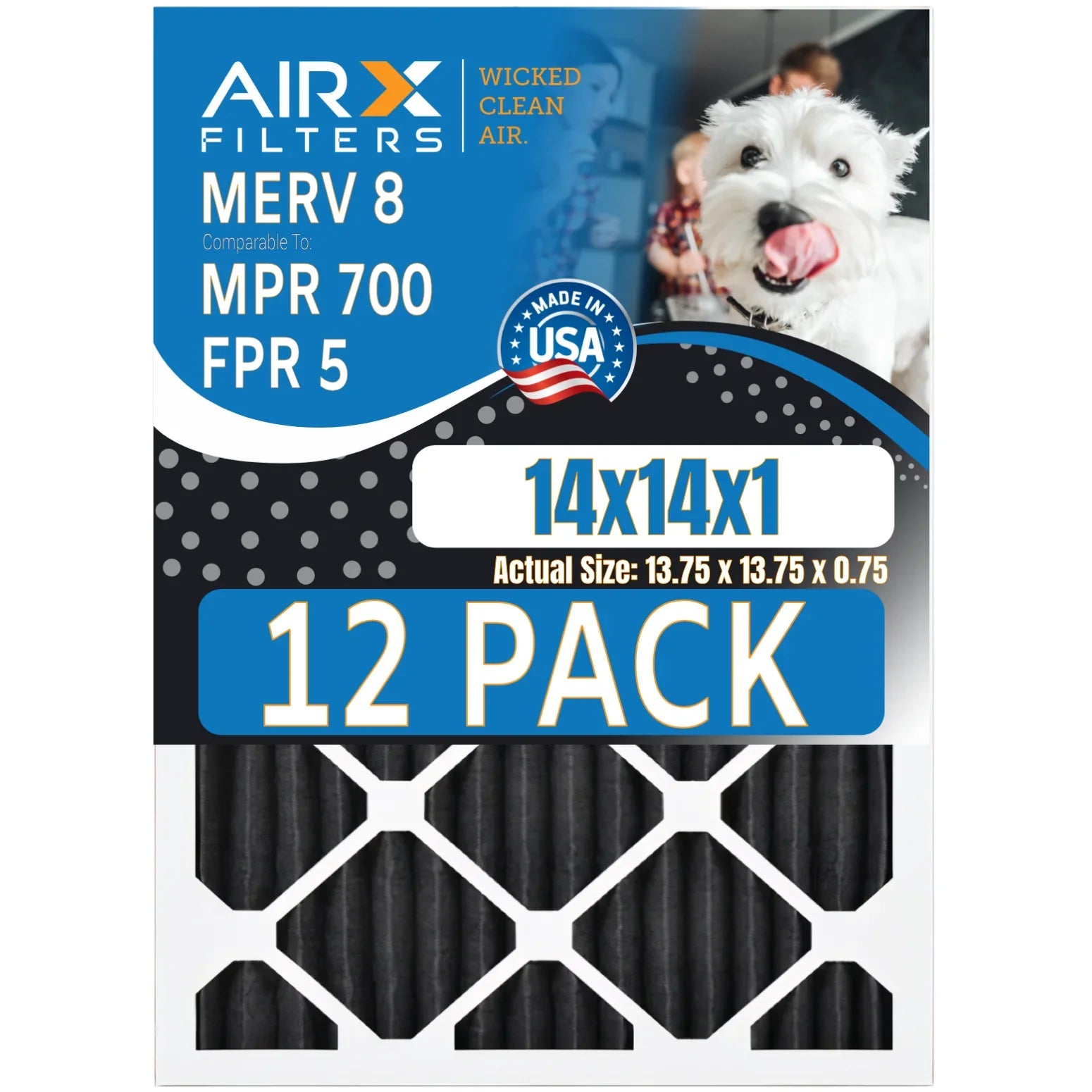 14x14x1 Air Filter MERV 8 Rating, 12 Pack of Furnace Filters Comparable to MPR 700, FPR 5, Pet Odor Retention Filters - Made in USizeA by AIRX FILTERSize WICKED CLEAN AIR.