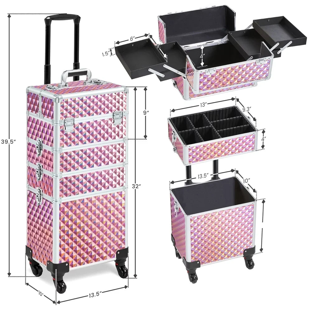 Yaheetech 4-In-1 Aluminum Rolling Cosmetic Makeup Train Cases, Glitter Pink