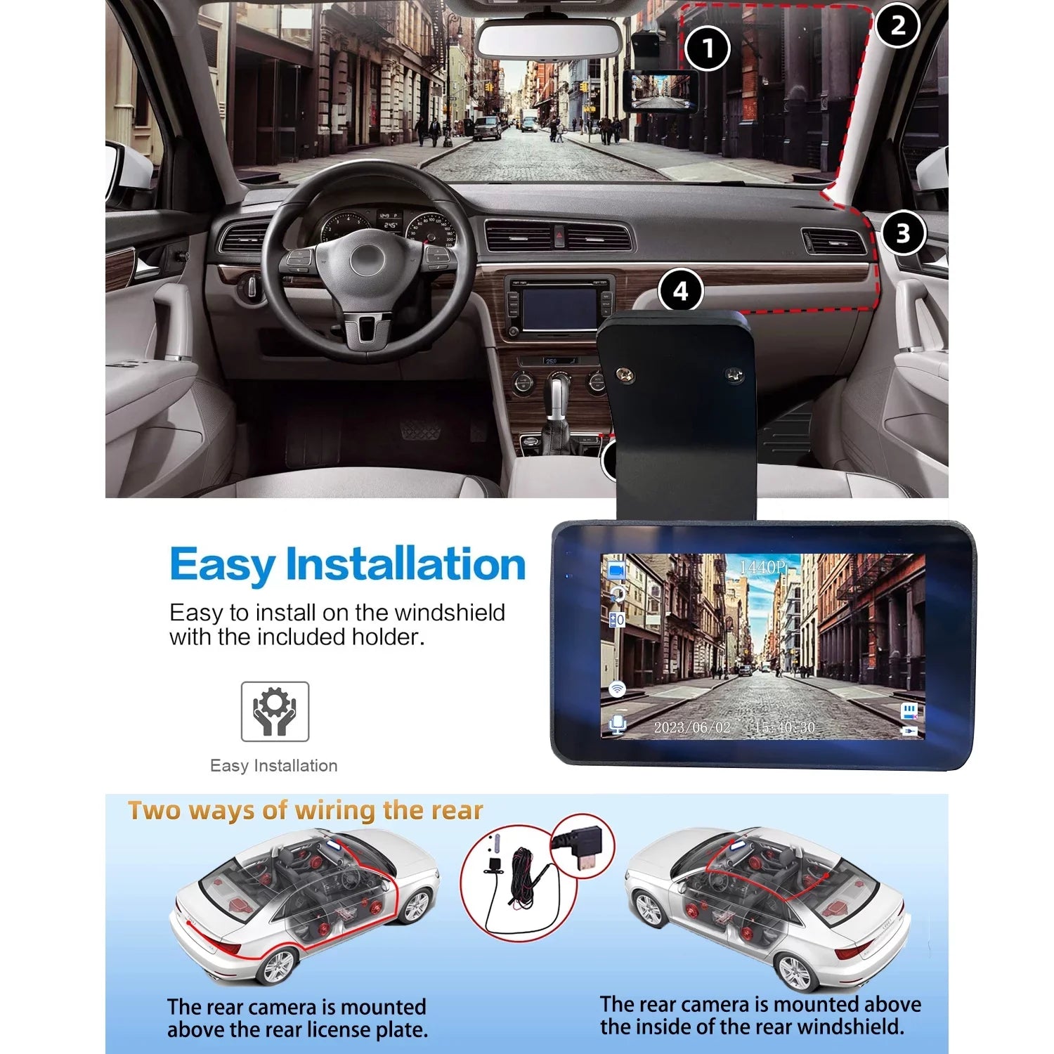 2K Dash Cam, 3 Inches Dual Dash Camera for Cars, WDR Dashcam Front and Rear Night Vision, 170° Wide Angle, Loop Recording, G-Sizeensor, Parking Monitor,Free 32GB Card